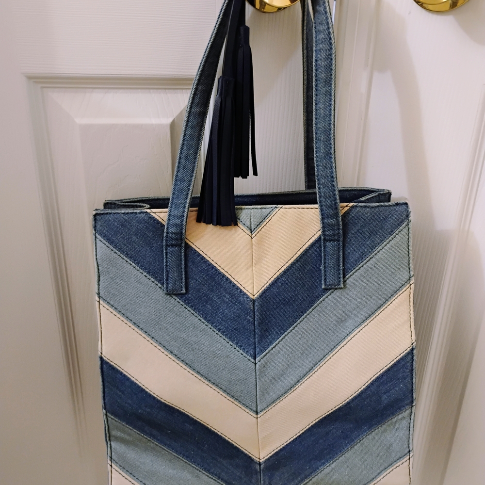 Source Unknown Chevron Denim and Cream Tote